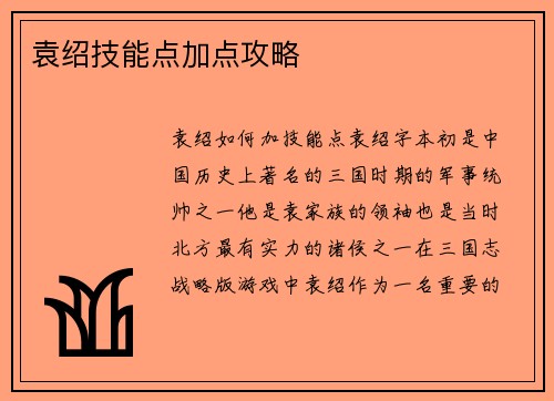 袁绍技能点加点攻略